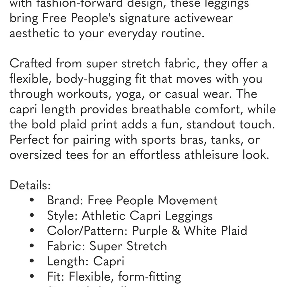 FREE PEOPLE MOVEMENT Lavender Gingham Capri Leggings